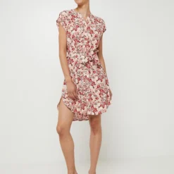 ESPRIT Robe Courte Droite Ceinturée, Encolure Tunisienne, Imprimé Fleuri - Rose Clair -Promos Sublisca Magasin 001027287 001 V3 T4