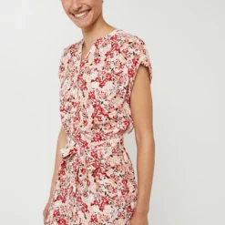 ESPRIT Robe Courte Droite Ceinturée, Encolure Tunisienne, Imprimé Fleuri - Rose Clair -Promos Sublisca Magasin 001027287 001 V4 T4