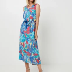 Robe Longue Fluide À Imprimé Feuillage Effet Peint À La Main, Taille Élastiquée - Bleu