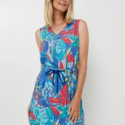 Robe Longue Fluide À Imprimé Feuillage Effet Peint À La Main, Taille Élastiquée - Bleu -Promos Sublisca Magasin 001027290 001 V3 T4