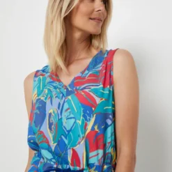 Robe Longue Fluide À Imprimé Feuillage Effet Peint À La Main, Taille Élastiquée - Bleu -Promos Sublisca Magasin 001027290 001 V4 T4