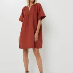 ESPRIT Robe Évasée En Lin Mélangé, Encolure Tunisienne - Brique -Promos Sublisca Magasin 001027291 001 V3 T4