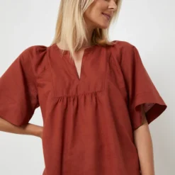 ESPRIT Robe Évasée En Lin Mélangé, Encolure Tunisienne - Brique -Promos Sublisca Magasin 001027291 001 V4 T4