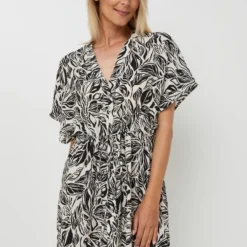 Vila Robe Longue Ample À Imprimé Feuillage, Taille À Resserrer - Ecru -Promos Sublisca Magasin 001027292 001 V3 T4