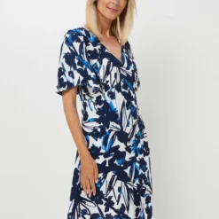 ESPRIT Robe Droite Fluide Midi À Imprimé Fleuri Effet Aquarelle, Manches Papillon - Bleu