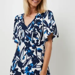 ESPRIT Robe Droite Fluide Midi À Imprimé Fleuri Effet Aquarelle, Manches Papillon - Bleu -Promos Sublisca Magasin 001027297 001 V4 T4