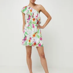 Desigual Robe Courte Asymétrique En Tissu Crêpe À Imprimé Tropical - Blanc -Promos Sublisca Magasin 001027298 001 V3 T4