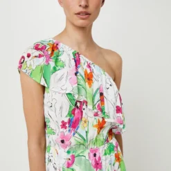 Desigual Robe Courte Asymétrique En Tissu Crêpe À Imprimé Tropical - Blanc -Promos Sublisca Magasin 001027298 001 V4 T4