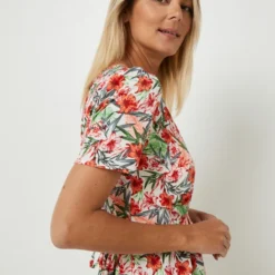 KAPORAL Robe Courte Cintrée En Tissu Crêpé À Imprimé Tropical, Col V - Vert -Promos Sublisca Magasin 001027302 001 V4 T4