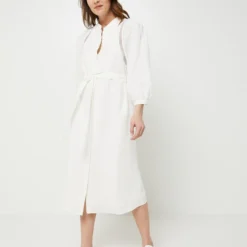 ESPRIT Robe Chemise Longue Ceinturée En 100% Lin - Ecru