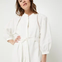 ESPRIT Robe Chemise Longue Ceinturée En 100% Lin - Ecru -Promos Sublisca Magasin 001027349 001 V4 T4